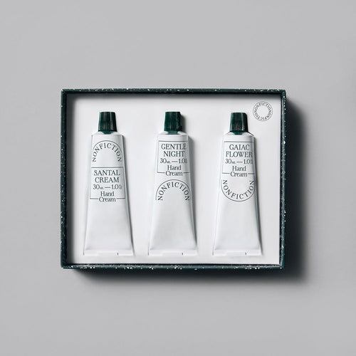 Shop NONFICTION’s Mini Hand Cream Trio. Enjoy three of our signature scents SANTAL CREAM, GENTLE NIGHT and GAIAC FLOWER captured in portable 30ml cases.